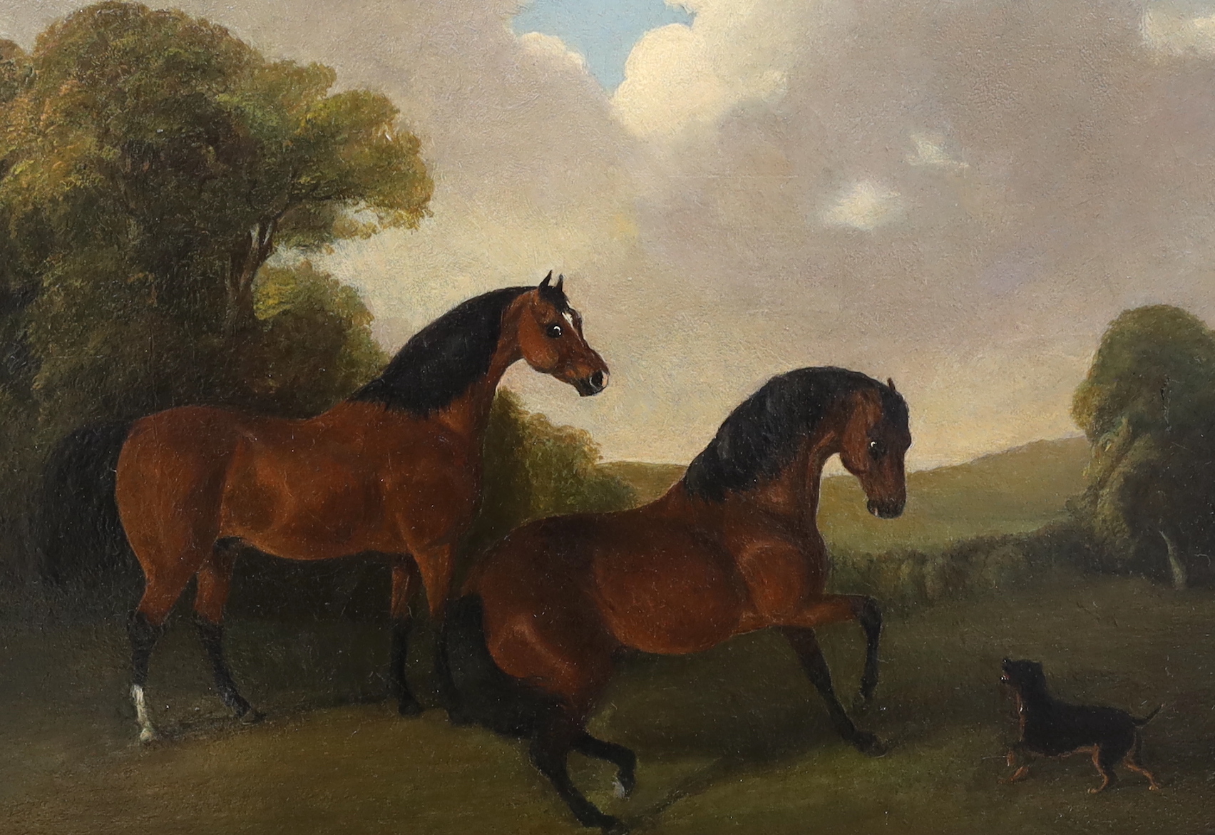 After George Stubbs (1724-1806), oil on board, Bay horses and terrier in an open landscape, 23 x 33cm